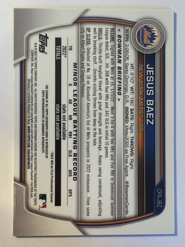Jesus Baez 2023 Bowman 1st True Blue Refractor Auto /150 New York Mets CPA-JBZ - Picture 2 of 2