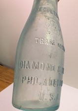 Diamond & Onyx Embossed Light Blue Glass Soda Bottle Philadelphia USA