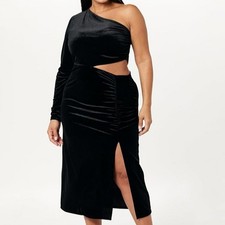 The Drop Women's Lia One-Shoulder Cutout Velvet Midi Dress Size 2X Black