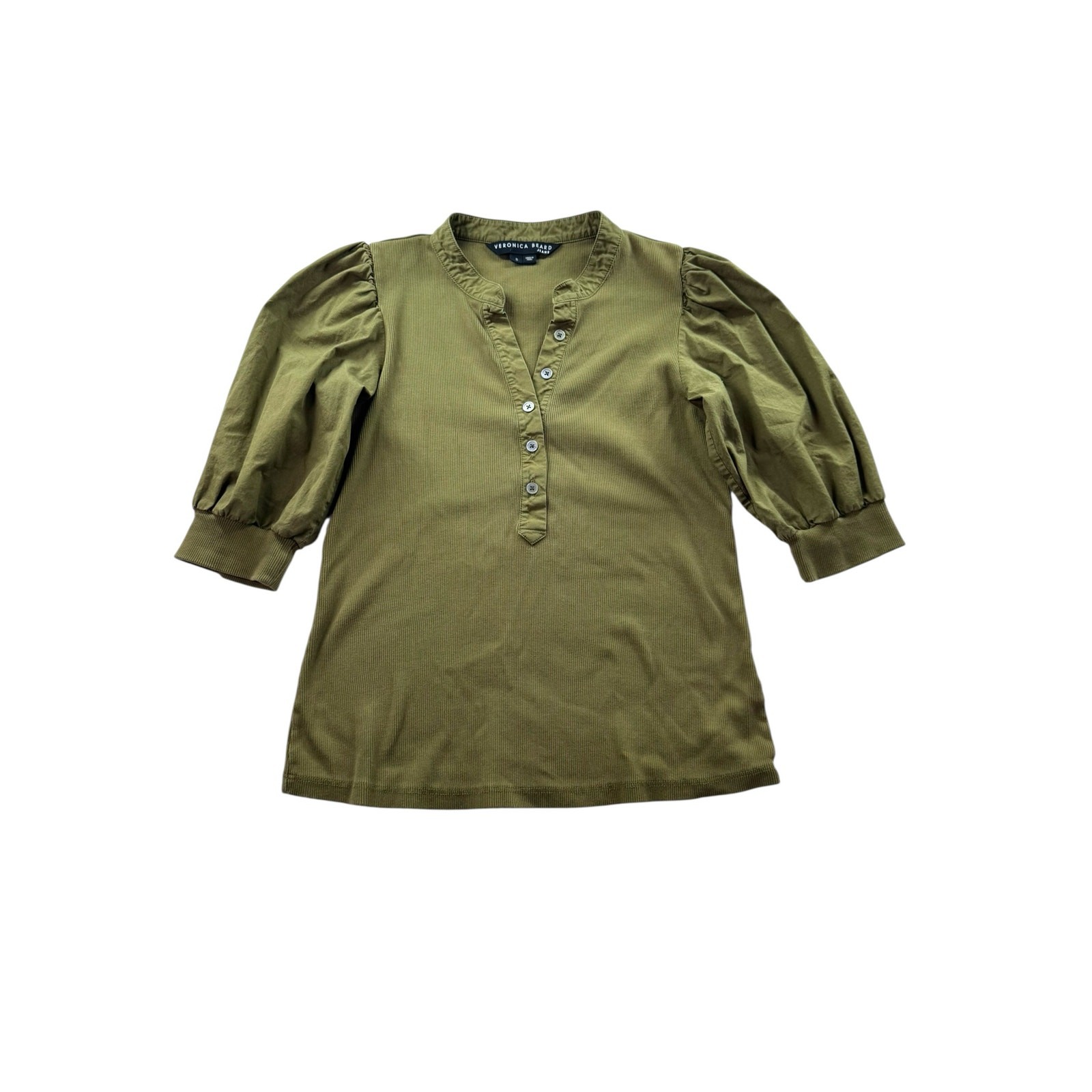 Veronica Beard Jeans Coralee Top Size Small Stone Army Green 3/4 Puff Sleeve