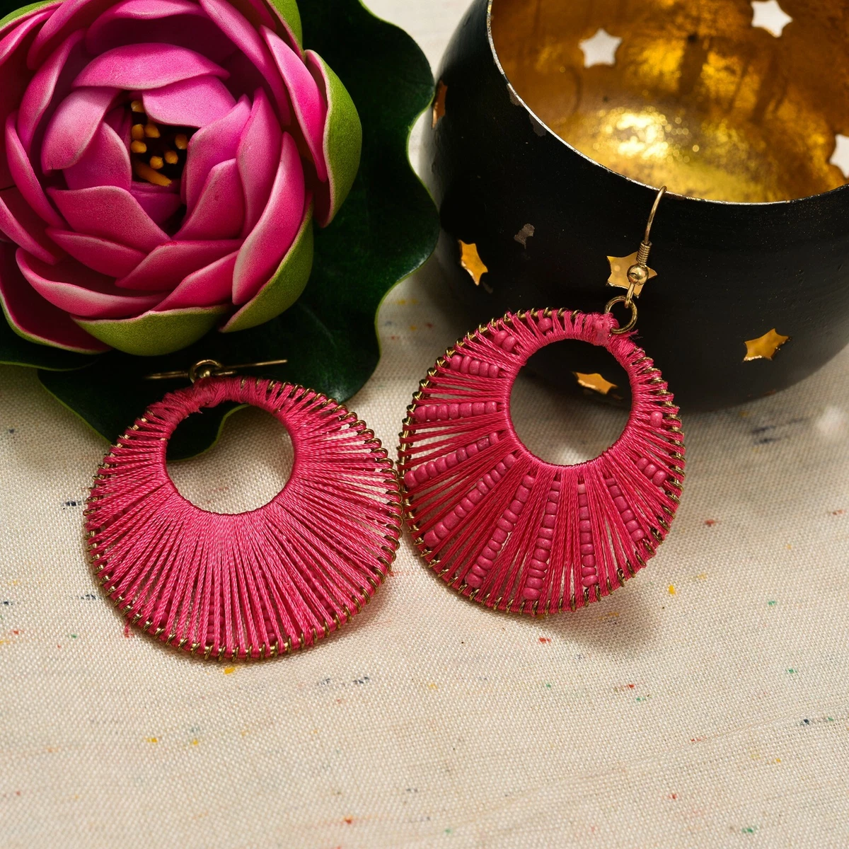 Big black and red flower earrings with rattan / ethnic earrings / silk  thread - Shop OKAMOTOKAMO Japanese silk jewelry Earrings & Clip-ons - Pinkoi