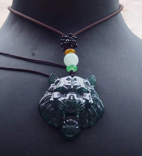 Video Certified Black Green A JADE JADEITE PENDANT Tiger Head 老虎 105986 VS - Picture 6 of 9