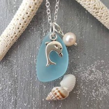 Hawaiian Jewelry Sea Glass Necklace, Dolphin Necklace Turquoise Blue Necklace,