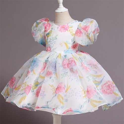 Flower Puff Sleeve Dress Girls Princess Birthday Party Dress Kids Tutu Ball Gown - Picture 14 of 29