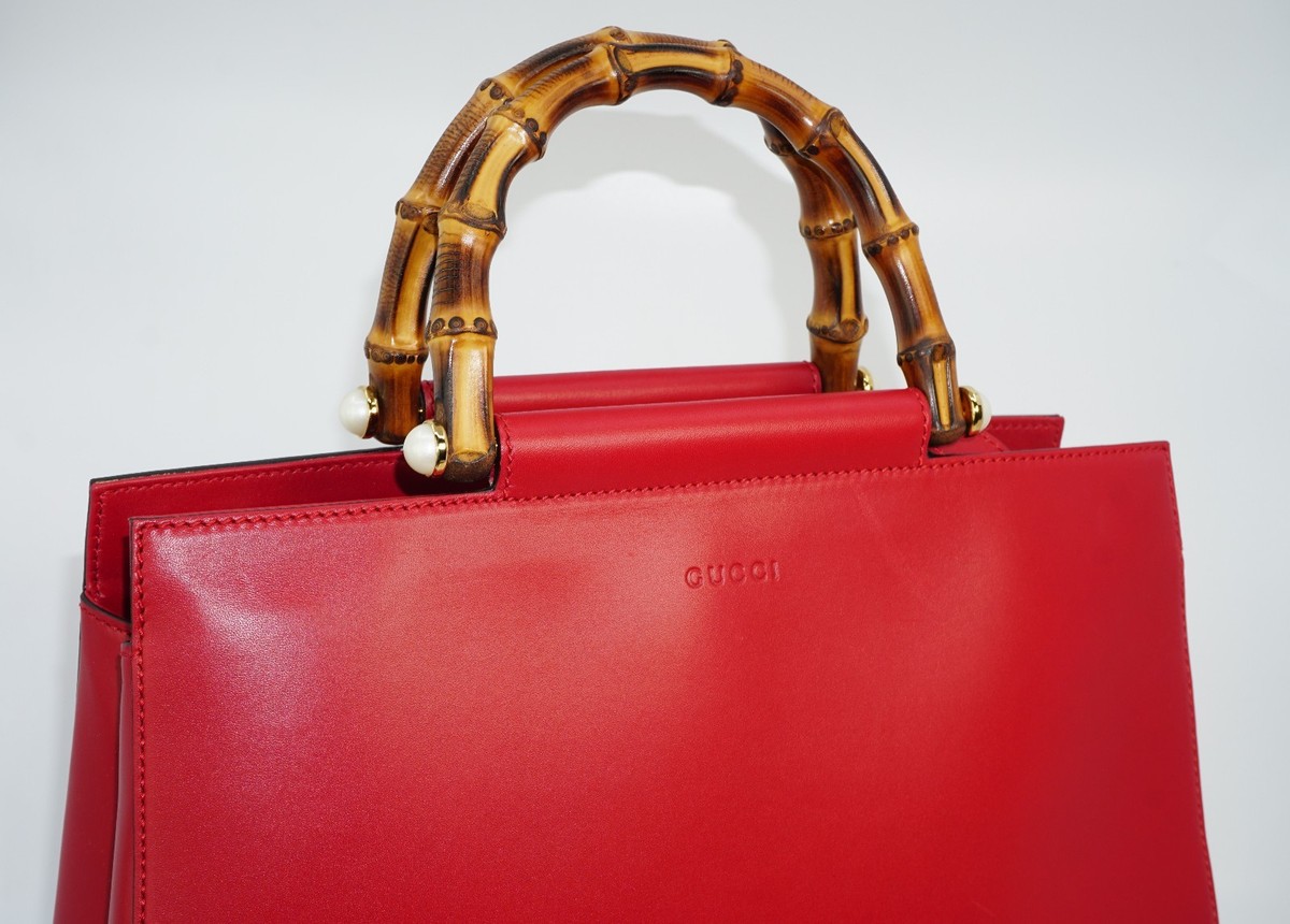 クニパパ様 Gucci Women's Nymphaea Bamboo Top Handle Leather Bag, Hibiscus Red