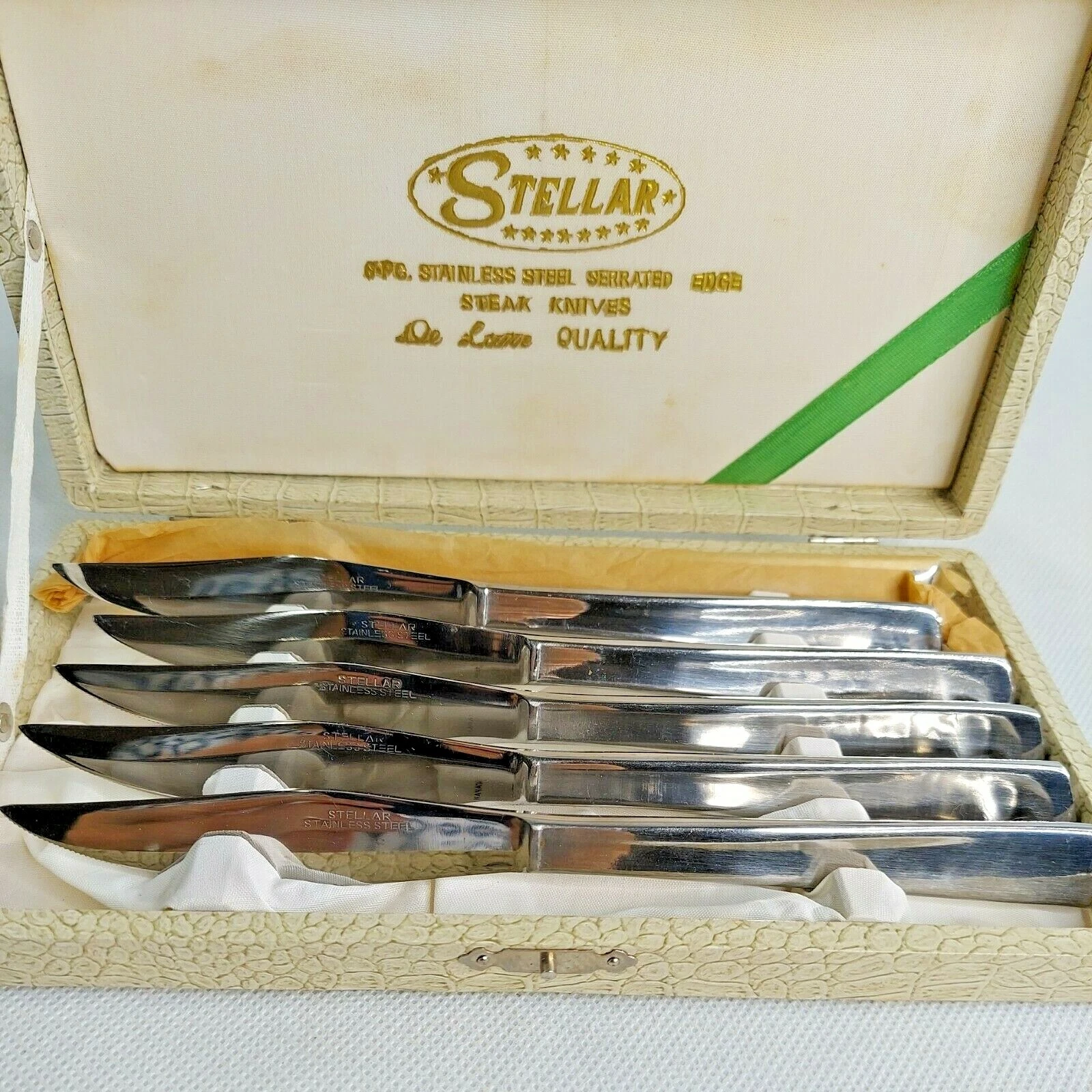 Vintage Stellar 6 Steak Knive Set - Serrated Edge DeLuxe Quality in Box