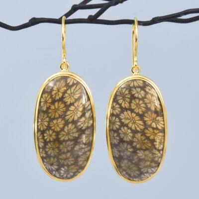 Ohrringe 18K Gold Vermeil Sterlingsilber Agatized Fossil Koralle Cabochon 9.61 G