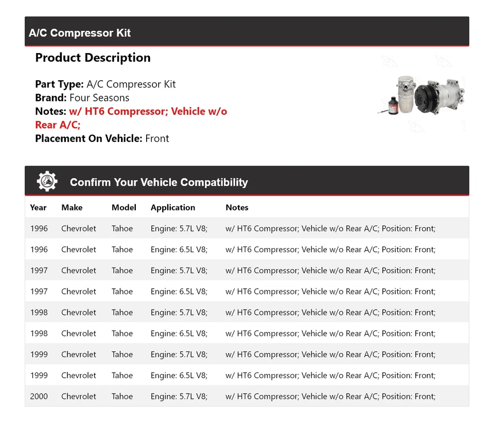 For 1996-2000 Chevrolet Tahoe A/C Compressor Kit Front 4 Seasons 1997 1998 1999 - Image 2 of 4