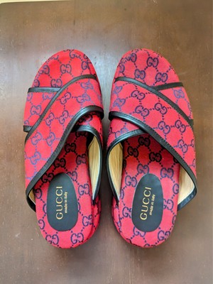 Gucci Women's Criss Cross Platform Slide Sandals GG  Red/black Size 37