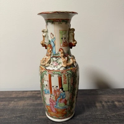 Large Antique Canton Famille Rose Porcelain Vase Foo Dog/Lion Handles 11" - Image 1 of 4