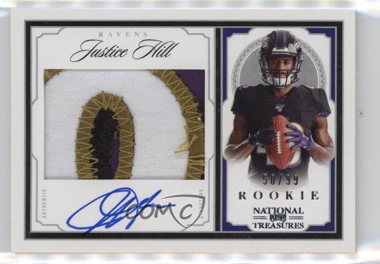 2019 National Treasures Crossover Rookie /99 Justice Hill RPA Patch Auto RC 4f5