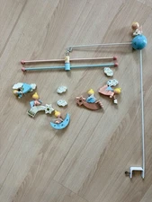 Vintage IRMI Angels Hand Painted Baby Crib Mobile Wood Pink & Blue Moon Stars