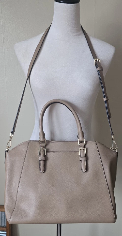 Michael Kors Large Saffiano Leather Satchel Tote Shoulder Bag Crossbody Tan MK - Image 2 of 4