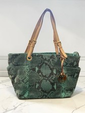 Michael Kors Python Print Leather Tote Shoulder Bag Blue Turquoise Gold Large