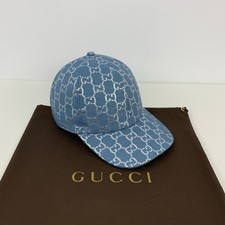 Gucci GG Monogram Silver Lamé Canvas Baseball Cap Hat Blue Size M