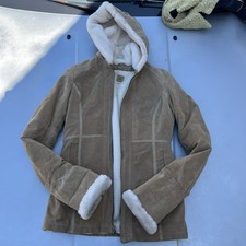 Women's Hooded Faux Fur Lined Full Zip Button Jacket Beige Mid-Length Size XS