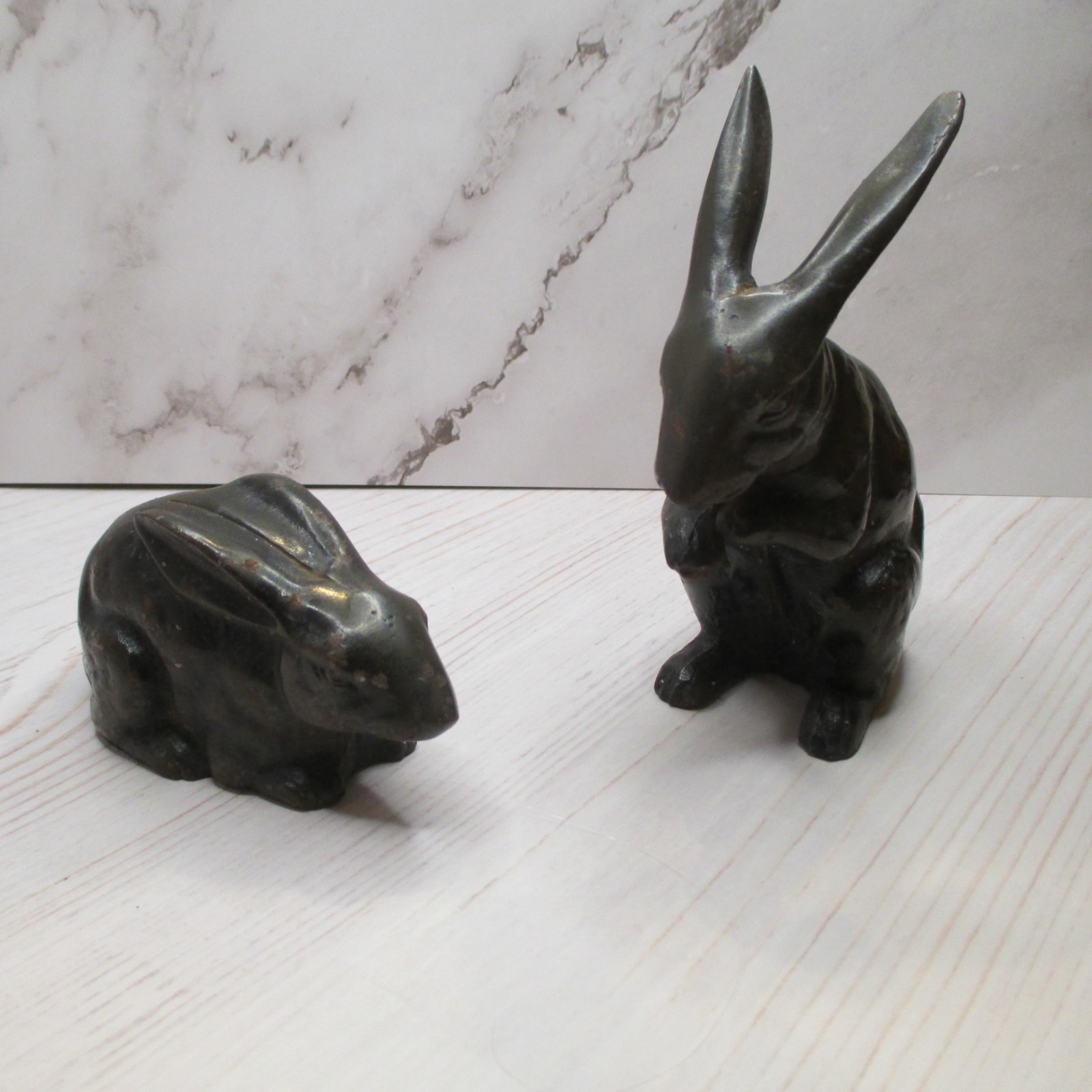 Vintage Two Bronze Sculptured Dark Brown Rabbits, Crouching and Sitting ...