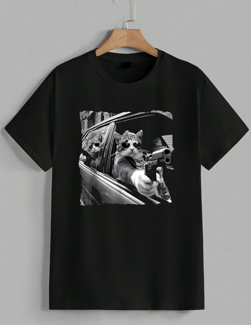 Cats In Car Drive By Meme Funny Parody Gangster Kitty Graphic Tee T-Shirt Unisex