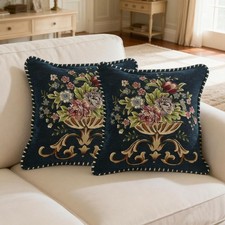 Set of 2 Blue Vintage Embroidered Throw Pillows Covers 18x18in Spring Vintage...
