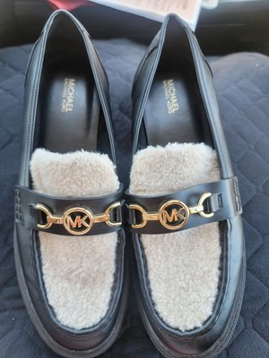 Michael Kors Women's Black/Ivory Shearling Loafer Flats Leather Slip-On 9.5M