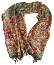 Red Green Pashmina Wrap Shawl ScarfPaisley Floral Yellow 73"x27" Fringe