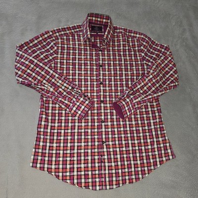Hawes & Curtis London Brandon Mens Plaid Button Down Shirt Pink Purple Large