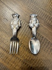 VINTAGE RALPH LAUREN CHILDS TEDDY BEAR FORK AND SPOON SILVER PLATED