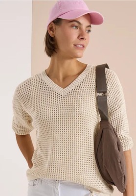 CECIL 303864 CROCH Pullover kurzarm Strickpullover Crochet-Look Tunnelzug beige
