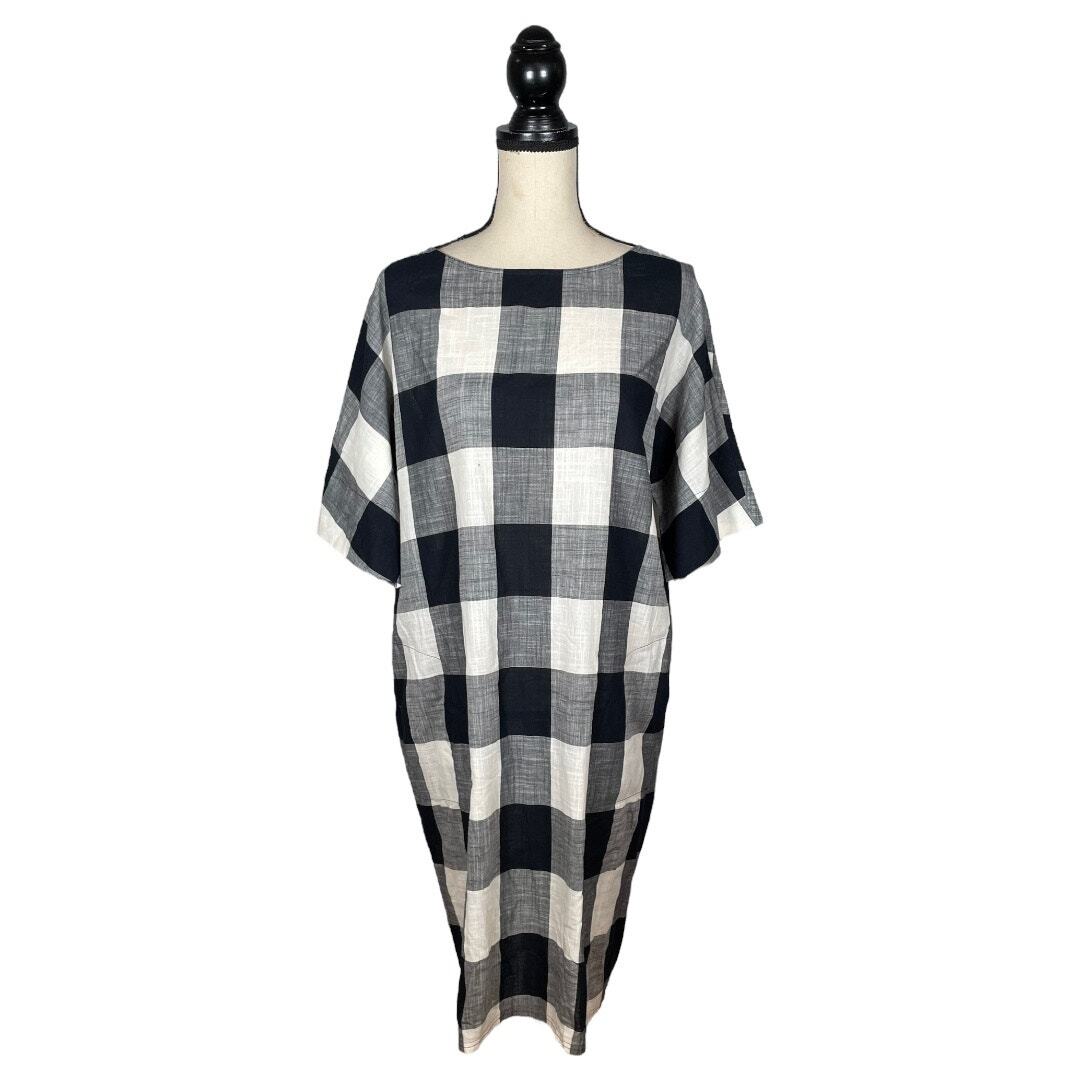 knee length dresses for ladies Zapaka Women Black and White Plaid Work Dress Sheath Half Sleeve Midi Semi Formal Dress, Black&White / L main image 1