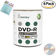 400 Smartbuy DVD-R 16X 4.7GB Silver Inkjet Printable Disc+FREE Micro Fiber Cloth