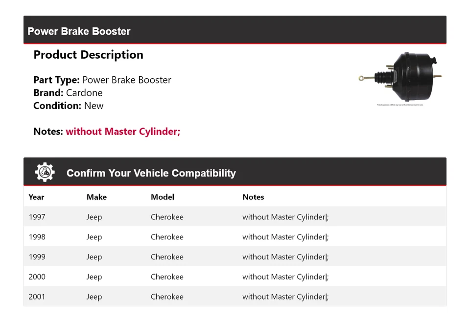 Усилитель тормозов для Jeep Cherokee 1997-2001 годов выпуска Cardone 1998 1999 2000 годов выпуска - Изображение 2 из 4