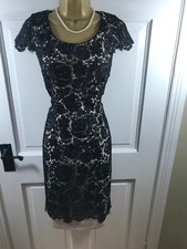 Jacques Vert Black & Gold Floral Lace Lined Dress, UK 10, Excellent Condition
