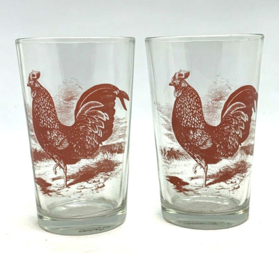 Pair Red Rooster Votive Candle Holder Juice Glass Creative Co-Op Country Kitchen