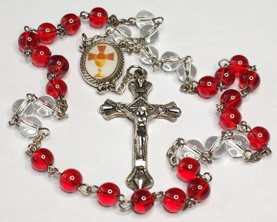 Catholic Chaplet of Eucharistic Adoration Red White Glass Prayer Beads