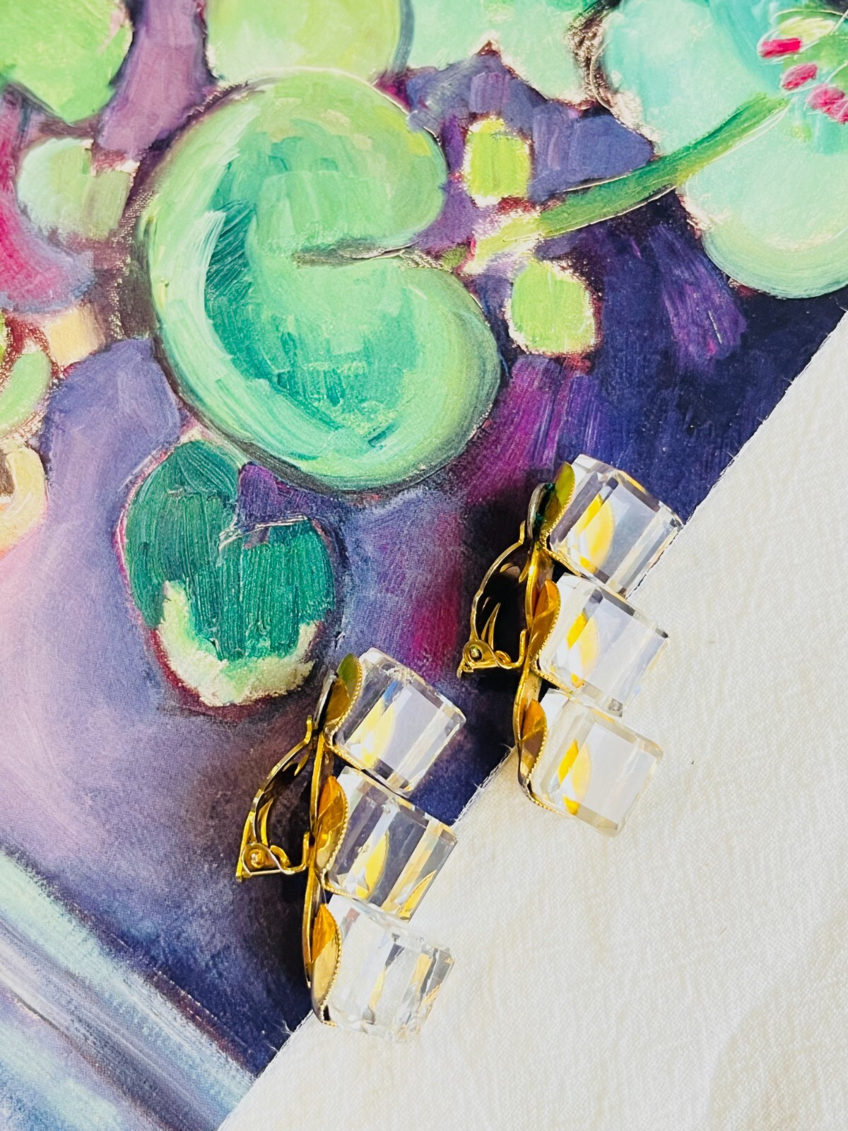 Orecchini Yves Saint Laurent YSL Rive Gauche Vintage 3D Trio Cristalli Cubo Clip