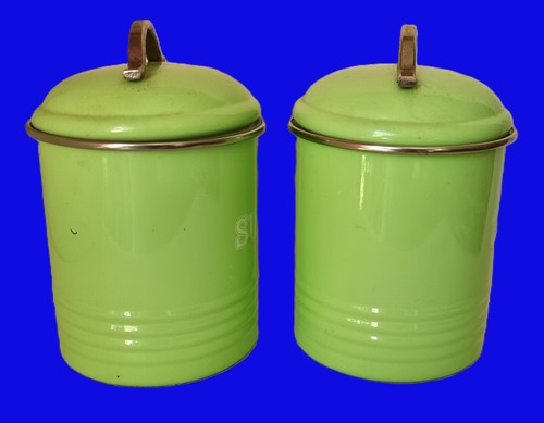 Vintage Pair of Mint Green Enamel Kitchen Canisters Tea and Sugar - Picture 5 of 8