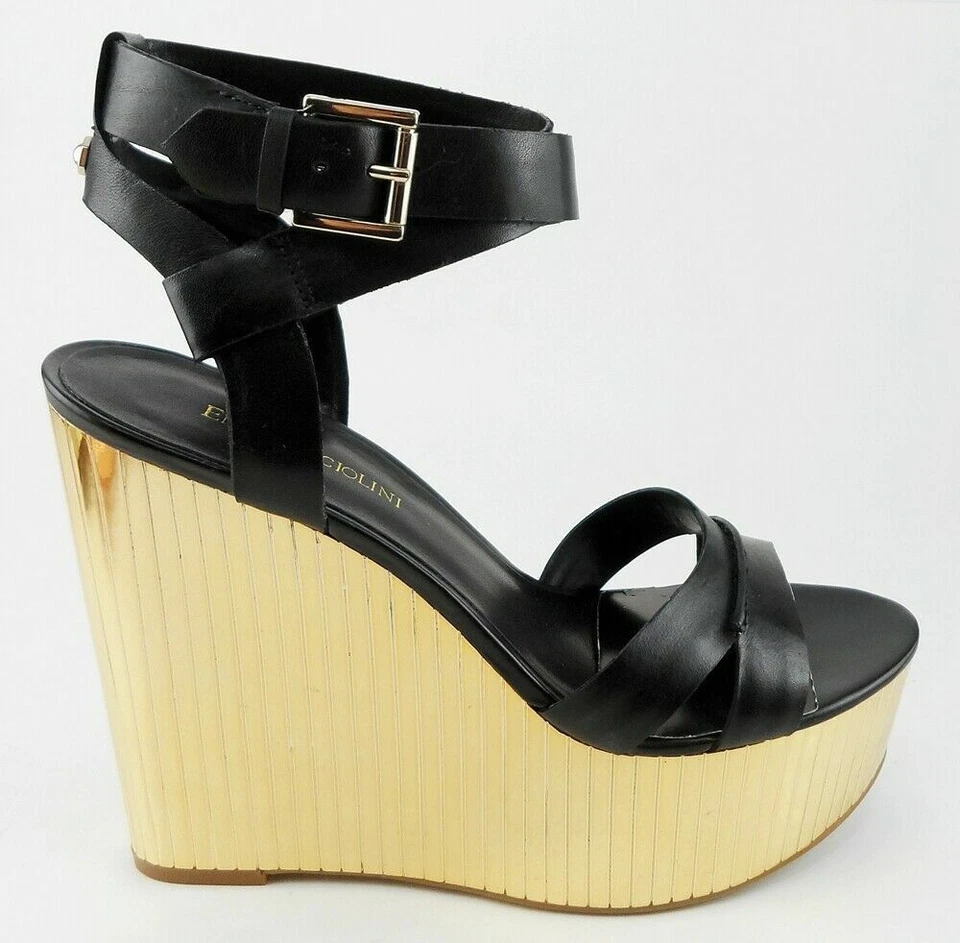 Sandalias de diseñador ENZO ANGIOLINI ZAMAZ de cuero negro cuñas 6,5 M Foto 2 de 4