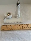 Vintage miniature salt cellar/pepper shaker milk glass w/tray sterling spoon Set