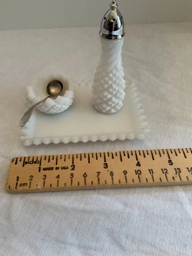 Vintage miniature salt cellar/pepper shaker milk glass w/tray sterling spoon Set