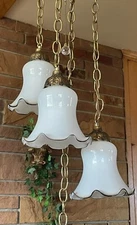 1960's  Opaline 3 Light Swag with Brass Hub and gold/brass textured chain (7'+)