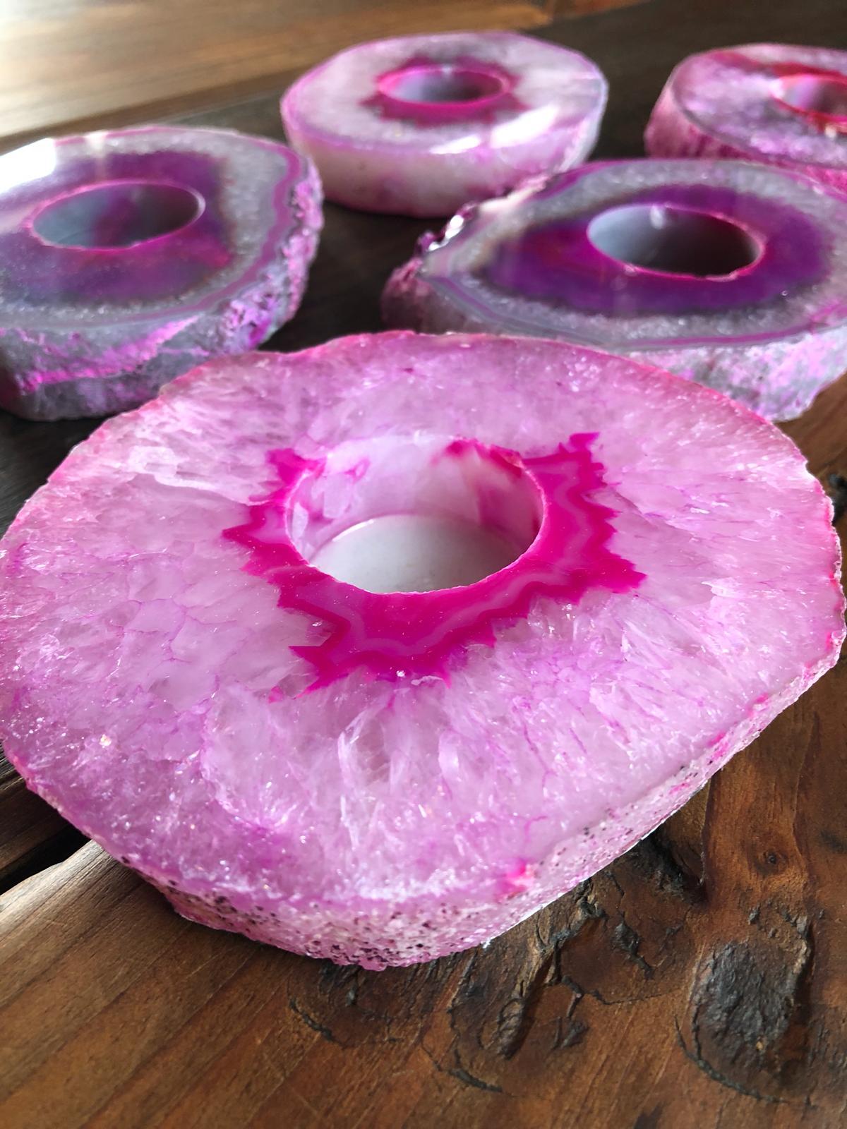 Large Pink Agate Slice Microcrystalline Quartz Tealight Candle Holder Ornament