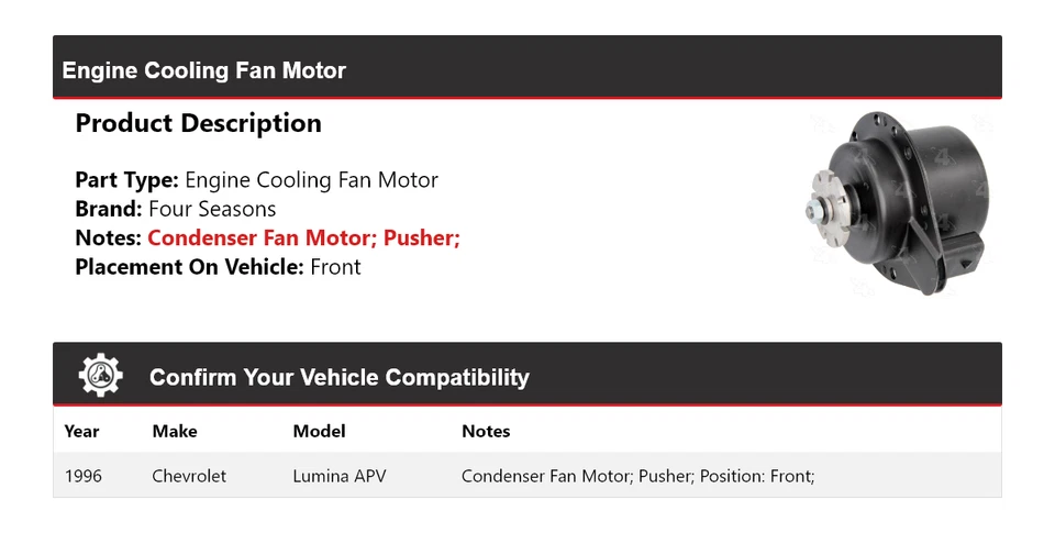 For 1996 Chevrolet Lumina APV Engine Cooling Fan Motor Front 4 Seasons - Image 2 of 4