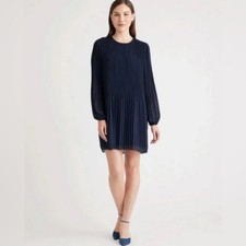 Quince Navy Chiffon Pleated Long Sleeve Mini Dress size Medium