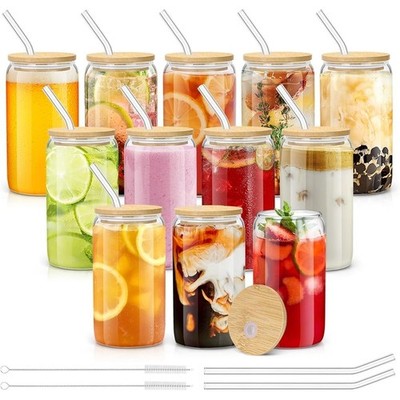 12 PCS Glass Cups with Bamboo Lids and Straws 16OZ Ice Coffee Cup Drinking Cup 