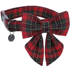  Christmas Holiday Red Plaid Dog Collar with Bowtie, Small C: Christmas Plaid