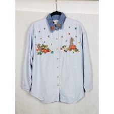 Carolina Colours Shirt L Blue Stripe Denim Collar Embroidered Fall Thanksgiving