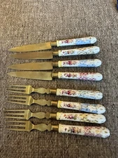 Antique 1800s Dresden Porcelain Handle Knife Fork Set Germany Stahl Bronce 8pc