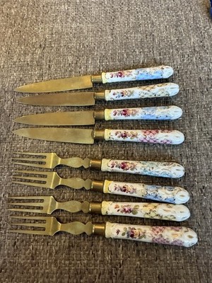 Antique 1800s Dresden Porcelain Handle Knife Fork Set Germany Stahl Bronce 8pc