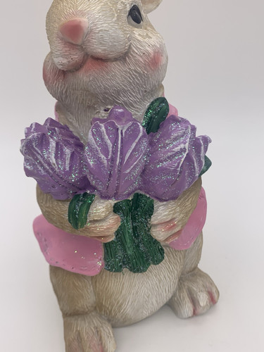 Glitzernder rosa Osterhase 8 Zoll Statue mit Blumenstrauß lila Blumen - Bild 4 von 9