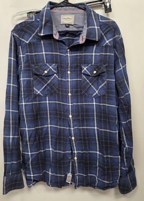 Flag & Anthem Shirt Mens XL Blue Plaid Flannel Pearl Button Long Sleeve Outdoors